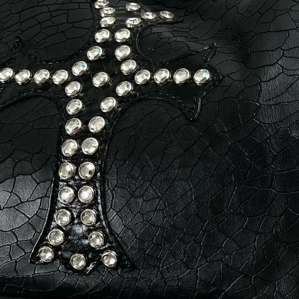 Raviani Black Leather Swarovski Crystal & Rivets Shoulder Bag